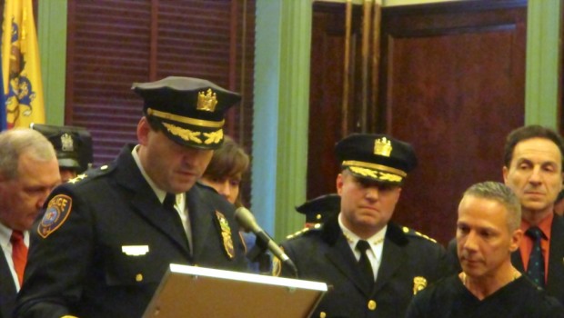 Hoboken Police Department Ceremony — Stevens Institute Chief of Police Tim Griffin read a proclamation, and Freeholder Anthony Romano added a few words of praise for Lieutenant Cruz.