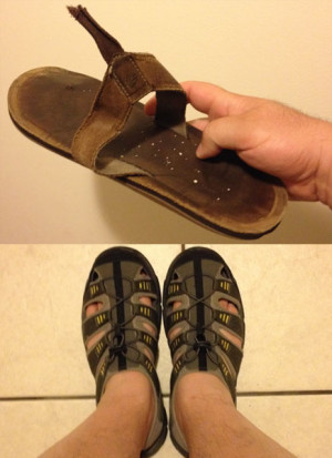 HARDLY TRADING UP: Broken Flip-Flop (top); Ridiculous Sandals (bottom)