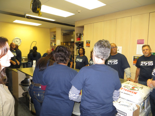 Volunteers preparing lunch in the Hoboken Shelter kitchen.