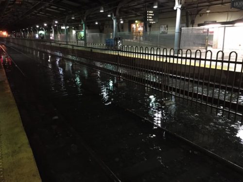 Tracks at Hoboken Terminal submerged under flood waters last night.